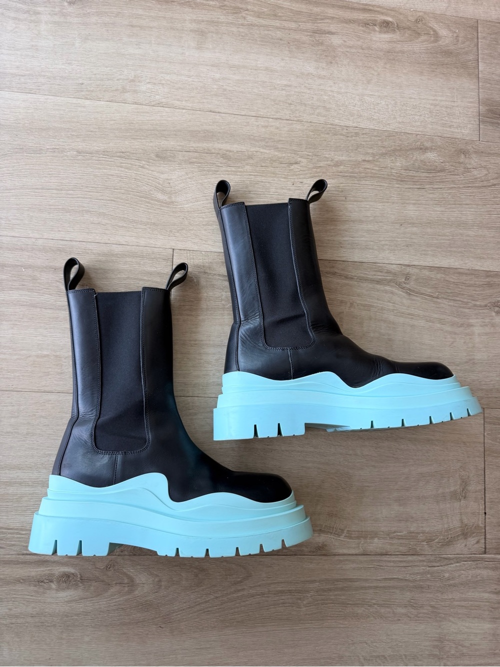 Bottega Veneta Black Leather Tire Boots Light Blue